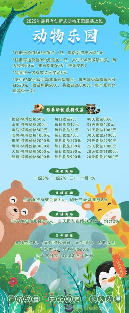动物乐园首码上线，首日注册送999元，孔雀日躺20元秒提通道